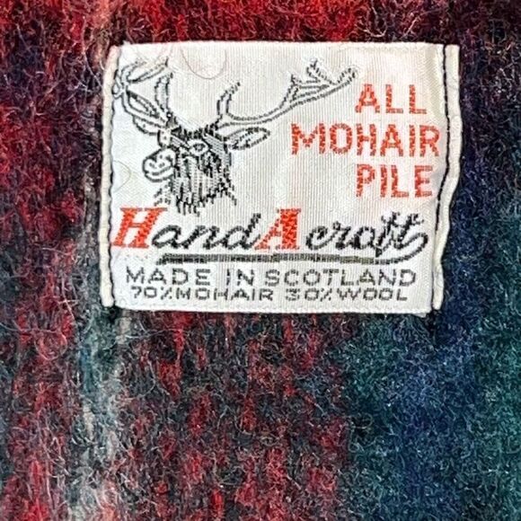VTG Hand Acratt Mohair Pile Wool Plaid Scarf Made Scotland Red Yellow Fringed - Picture 7 of 7